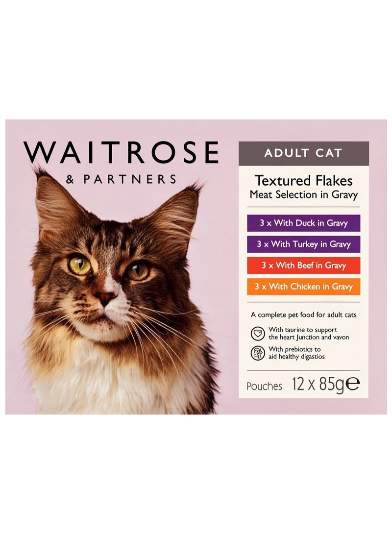 Adult Cat Textured Flakes Meat Selection In Gravy 3X Duck Turkey Beef & Chicken 12X85G